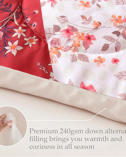 Whale Flotilla King Comforter Set, Soft Reversible Red Bedding Comforter Set with Boho Pattern, 1 Micoriber Patchwork Comforter and 2 Pillow Shams, 3 Pieces - LeafyLoom