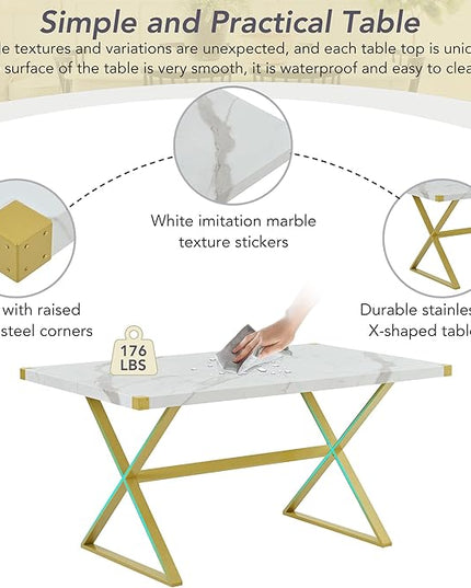 Modern 7 Piece Set with Rectangular Marble Teexture Kitchen Table and 6 PU Leather Chairs and X-Shaped Gold Steel Pipe Legs, for Dining Room, White 27 - LeafyLoom