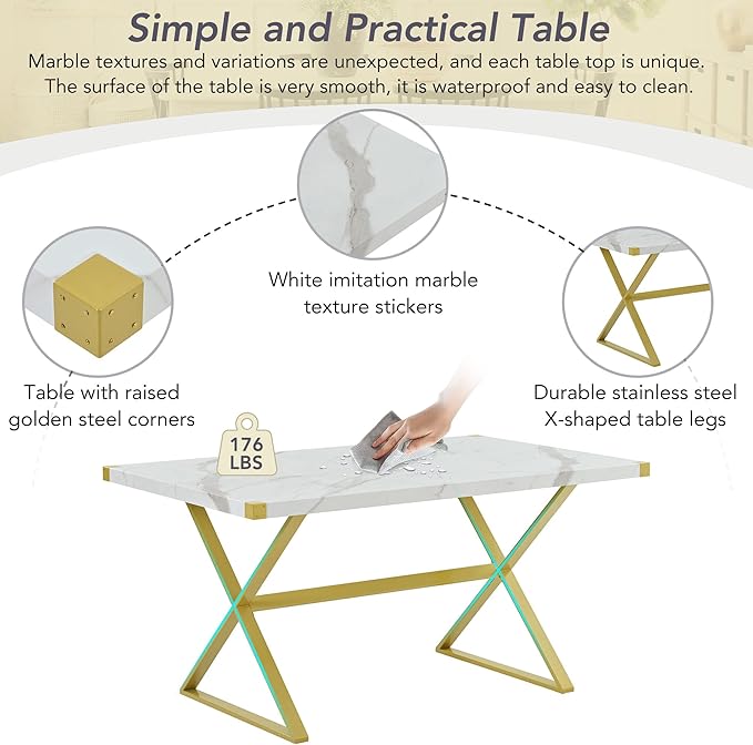 60 Inch Dining Table Set, 7-Piece Rectangular Marble Texture Kitchen Table and 6 PU leather Chairs with X-Shaped Gold Steel Pipe Legs, Dining Room Table Set for Living Room, White - LeafyLoom
