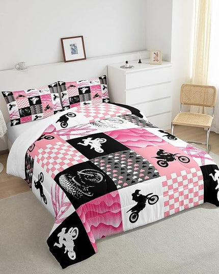 Motocross Comforter Set, Dirt Bike Bedding Sets & Collections King, Motorcycle Rider Down Comforter for Kids Boys Girls, Motorbike Extreme Sport Game Comforter Set, Buffalo Plaid, Pink Grey Black - LeafyLoom