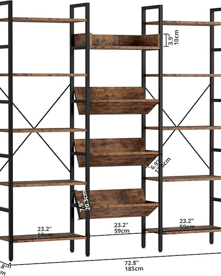 IRONCK Bookcases and Bookshelves Triple Wide 5 Tiers Industrial Bookshelf, Large Etagere Bookshelf Open Record Player Shelves with Metal Frame for Living Room Home Office - LeafyLoom