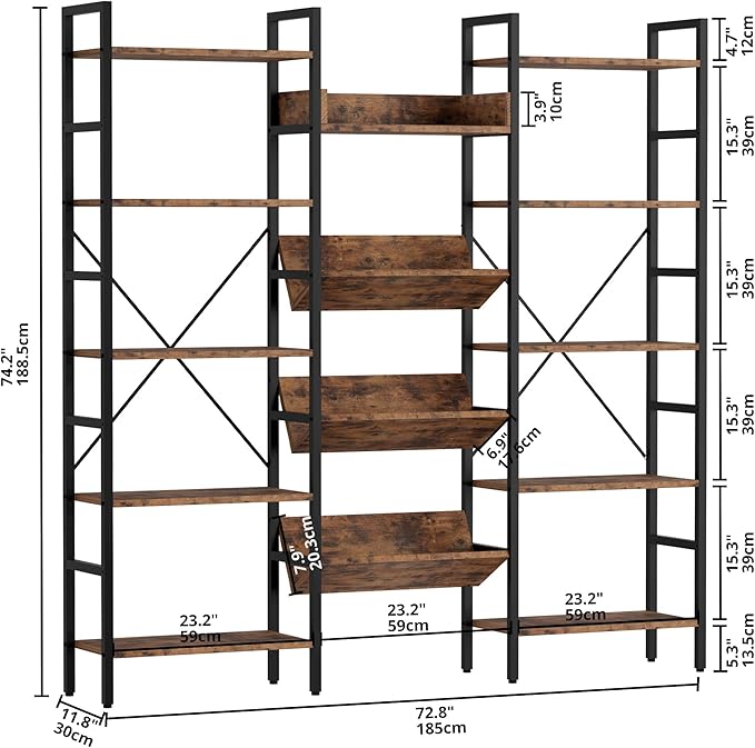 IRONCK Bookcases and Bookshelves Triple Wide 5 Tiers Industrial Bookshelf, Large Etagere Bookshelf Open Record Player Shelves with Metal Frame for Living Room Home Office - LeafyLoom