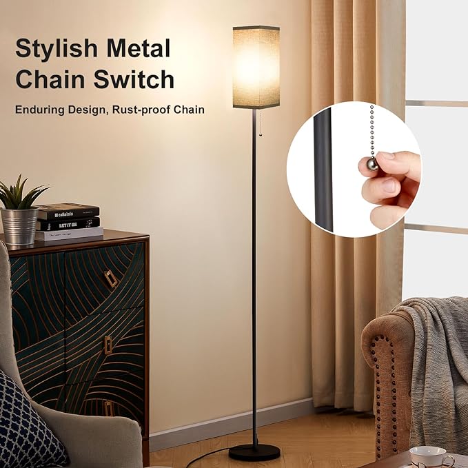 Black Floor Lamps for Living Room - 3 Color Temperature Standing Lamps with Pull Chain Switch, Tall Lamp for Office Home Nursery and Hotel, Pole Lamp with Black Lampshade for Reading - LeafyLoom
