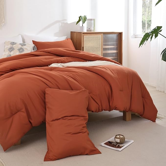 ROSGONIA King Size Comforter Set Burnt Orange,3pcs(1 Terracotta Comforter & 2 Pillowcases) Lightweight Boho Rust Fall Bedding Blanket All Season Quilt - LeafyLoom