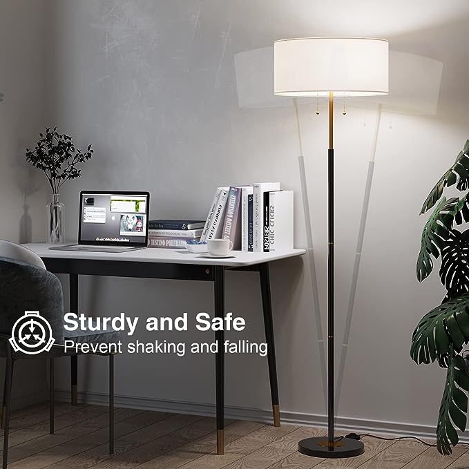 2-Light Floor Lamp, Mid Century Floor Lamp with White Fabric Shade, Standing Lamp Tall Lamp for Living Room Bedroom, 3 Color Temperatures 9W Bulb Include - LeafyLoom