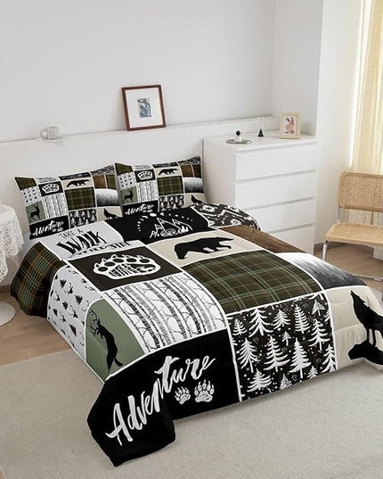 Camper Adventure Kids Comforter Set Twin Size,Deer Antlers Bear Paws Rustic Farmhouse Bedding Set for Boys Girls Adults Room Decor,Atzec Arrows Boho Down Comforter,Camo Duvet Insert,1 Pillowcase - LeafyLoom