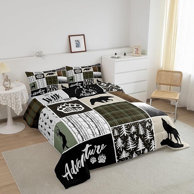 Camper Adventure Kids Comforter Set Twin Size,Deer Antlers Bear Paws Rustic Farmhouse Bedding Set for Boys Girls Adults Room Decor,Atzec Arrows Boho Down Comforter,Camo Duvet Insert,1 Pillowcase - LeafyLoom