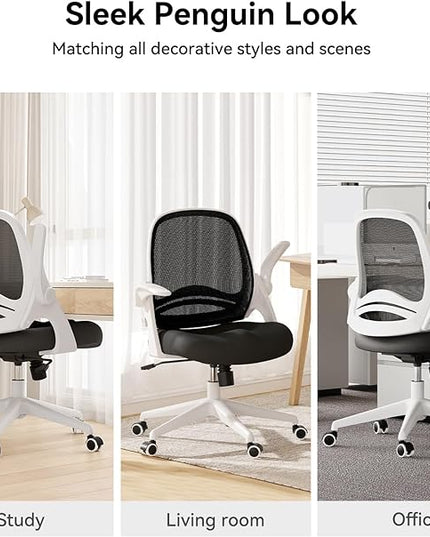 Hbada Office Chair with Flip-Up Armrests, Desk Chair with Saddle Cushion, Ergonomic Office Chair with S-Shaped Backrest, Comfy Mesh Chair for Home and Office, White - LeafyLoom