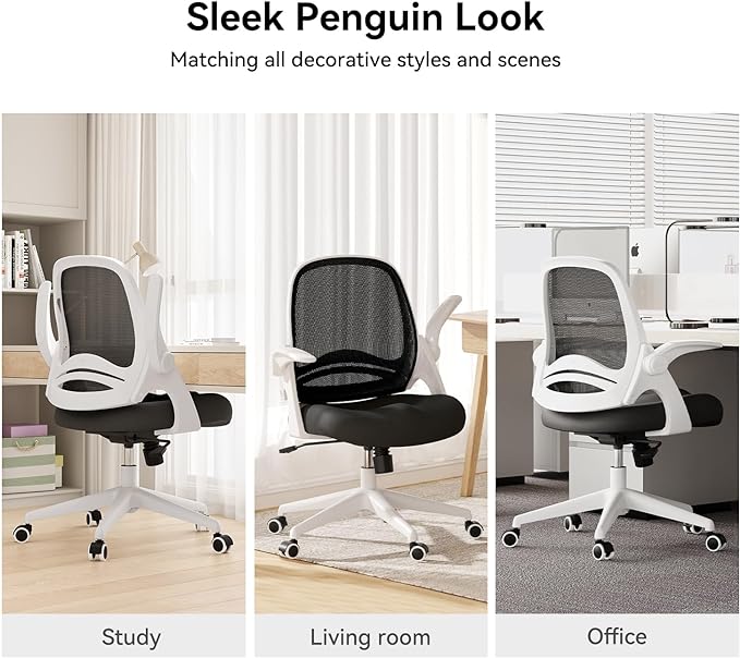 Hbada Office Chair with Flip-Up Armrests, Desk Chair with Saddle Cushion, Ergonomic Office Chair with S-Shaped Backrest, Comfy Mesh Chair for Home and Office, White - LeafyLoom