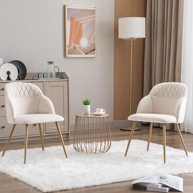 Velvet Dining Chairs Sets of 2, Modern Upholstered Accent Side Chairs with Arm Gold Metal Legs for Kitchen Living Bed Room, Beige - LeafyLoom