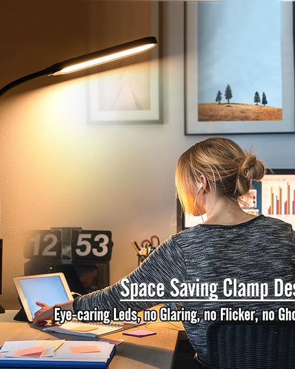 Clamp on Lamp, LED Clamp Desk Lamp, 3000 LMS, 18W, CRI>95, 3 Color Modes, 16 Brightness Levels, Eye-Caring Task Lamp with Remote for Reading, Office, 0.5H/1H Timer (Adapter Included) - LeafyLoom