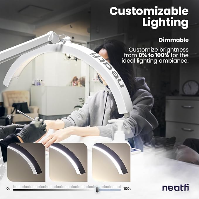 Neatfi Half Moon Swing Arm Table Lamp, 2500 Lumens, CCT Dimming, 5 Light Modes, Professional LED Lighting for Estheticians, Ideal for Nail Art, Facials, and Tattoos (with Base and Clamp, White) - LeafyLoom