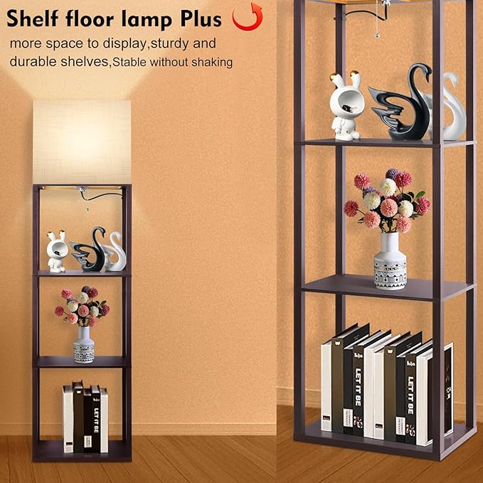 RUNTOP Plus - Floor Lamp with Shelves, Wide Shelf Lamp, Shelf Floor Lamp with 15W LED Bulb, 3 Colors Temperature, Memory Function, Large Display Storage, Standing Lamps for Living Room, Bedroom, Wood - LeafyLoom