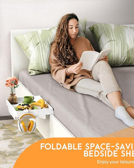 SPACELEAD Bedside Shelf for Bed – College Dorm Room Clip On Nightstand with Cup Holder & Cord Holder&drawer – Bunk Bed Shelf for Organizer Top for Bedroom (White，Plastic) - LeafyLoom