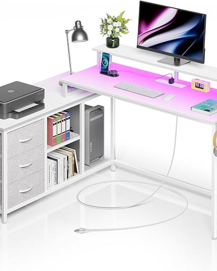 Seventable L Shaped Computer Desk with Drawers, Reversible Gaming Desk with LED Lights & Charging Port, Corner Desk with Storage Shelves & Monitor Stand for Home Office White - LeafyLoom