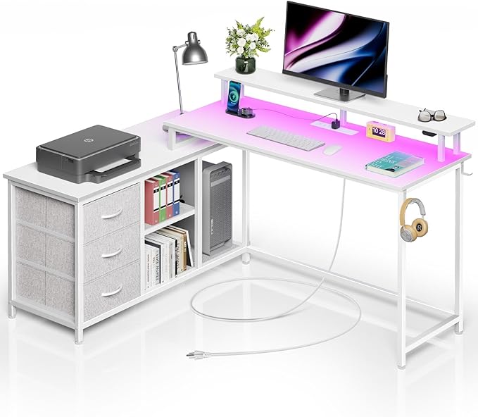 Seventable L Shaped Computer Desk with Drawers, Reversible Gaming Desk with LED Lights & Charging Port, Corner Desk with Storage Shelves & Monitor Stand for Home Office White - LeafyLoom