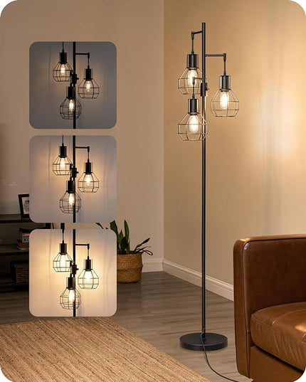 EDISHINE Dimmable Farmhouse Floor Lamp, Industrial Standing Lamp for Living Room, 3 LED Edison Bulbs Included, Black Corner Rustic Tall Tree Reading Lamps Home Decor for Bedroom, Office - LeafyLoom