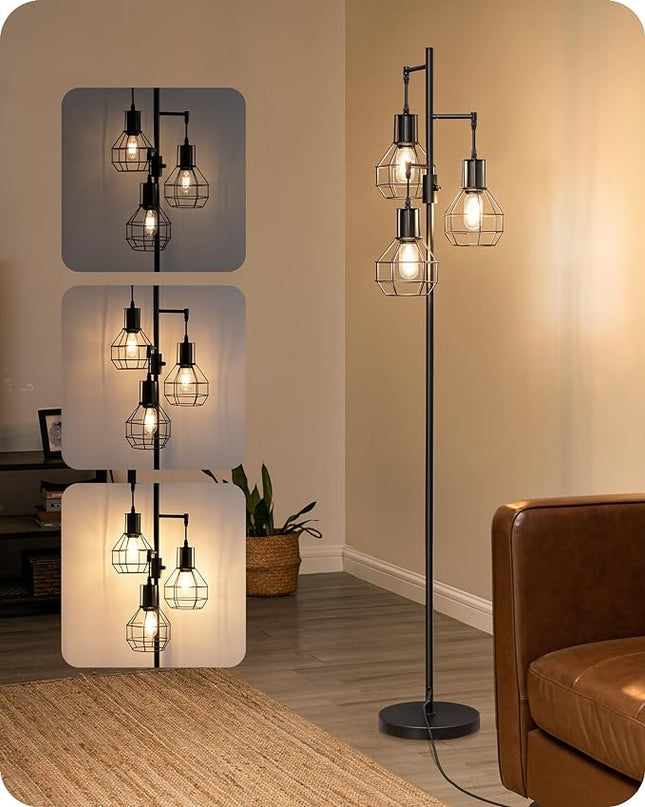 EDISHINE Dimmable Farmhouse Floor Lamp, Industrial Standing Lamp for Living Room, 3 LED Edison Bulbs Included, Black Corner Rustic Tall Tree Reading Lamps Home Decor for Bedroom, Office - LeafyLoom