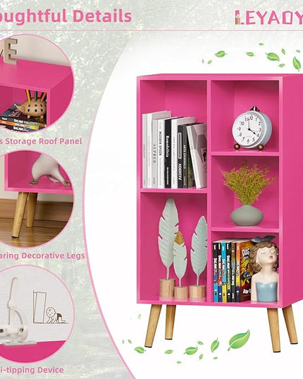 LEYAOYAO 5 Cube Bookshelf, 3-Tier Bookcase with Legs, Pink Kids Book Shelf Cute Storage Organizer, Free standing Open Toy Shelves Modern Bookshelves,Wood Display Bookcases for Bedroom,Living Room - LeafyLoom