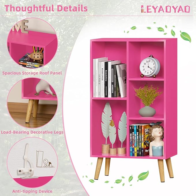 LEYAOYAO 5 Cube Bookshelf, 3-Tier Bookcase with Legs, Pink Kids Book Shelf Cute Storage Organizer, Free standing Open Toy Shelves Modern Bookshelves,Wood Display Bookcases for Bedroom,Living Room - LeafyLoom