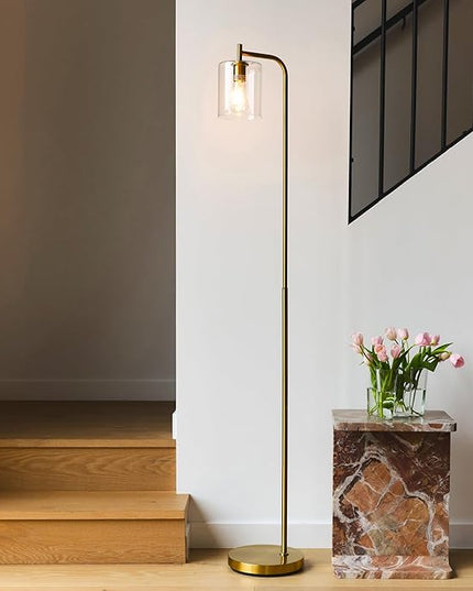 Brightech Elizabeth LED Floor lamp, Tall Lamp with Glass Shade & Edison Bulb, Industrial Lamp for Living Rooms & Offices, Vintage Standing Lamp for Bedroom in Farmhouse or Rustic Style - Gold - LeafyLoom