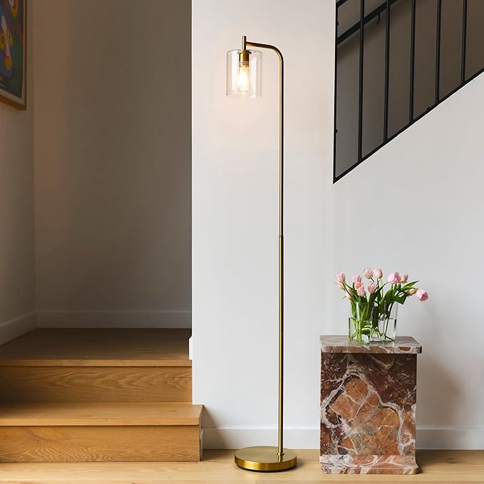 Brightech Elizabeth LED Floor lamp, Tall Lamp with Glass Shade & Edison Bulb, Industrial Lamp for Living Rooms & Offices, Vintage Standing Lamp for Bedroom in Farmhouse or Rustic Style - Gold - LeafyLoom