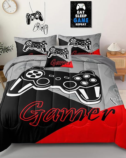 6 Pieces Gaming Bedding Set Queen Size for Boys Gamer Comforter Set for Boys Girls Kids Teens 6 Piece Bed in A Bag Video Game Bedding for Gamer Room Decorative Queen08 - LeafyLoom
