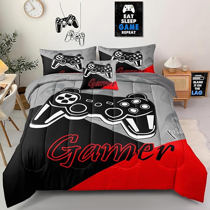 5 Pieces Gaming Bedding Set Twin Size for Boys Gamer Comforter Set for Boys Girls Kids Teens 5 Piece Bed in A Bag Video Game Bedding for Gamer Room Decorative Twin08 - LeafyLoom