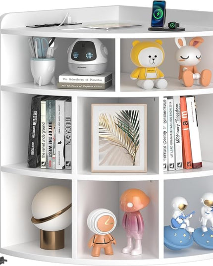 Vecelo Corner Cabinet with Charging Station, 3-Tier Cube Storage Organizer with USB Ports and Outlets, Triangle Bookcases with 8 Cubbies for Playroom, Bedroom, Living Room, Ivory White - LeafyLoom