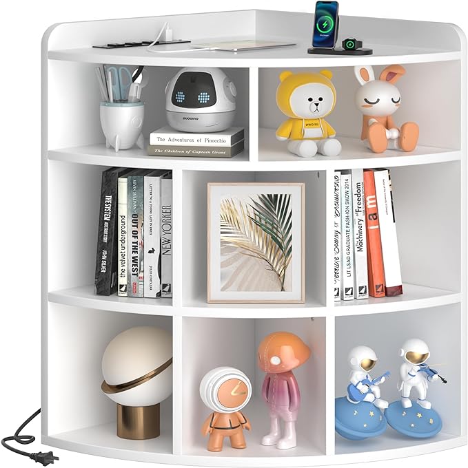 Vecelo Corner Cabinet with Charging Station, 3-Tier Cube Storage Organizer with USB Ports and Outlets, Triangle Bookcases with 8 Cubbies for Playroom, Bedroom, Living Room, Ivory White - LeafyLoom