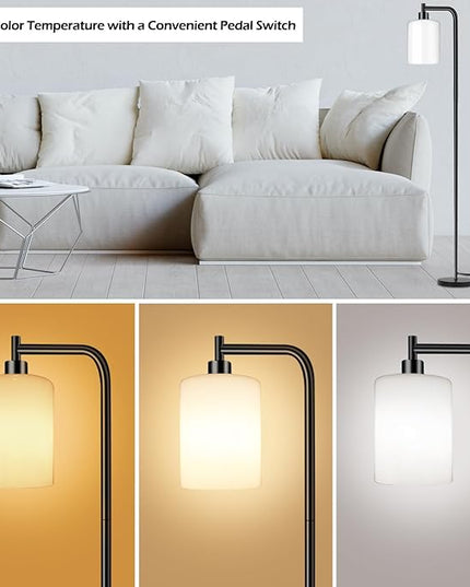 QiMH Floor Lamps for Living Room, Modern LED Standing Reading Light for Bedroom with Glass Shade, Tall Industrial 3 Colors Dimmable Pole Lamp with Foot Control for Home Office Corner Decor (Black) - LeafyLoom