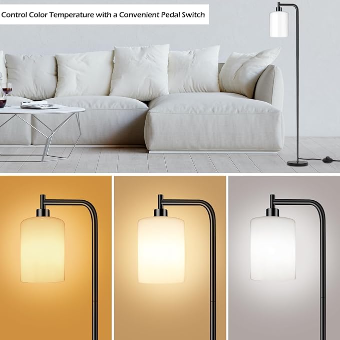 QiMH Floor Lamps for Living Room, Modern LED Standing Reading Light for Bedroom with Glass Shade, Tall Industrial 3 Colors Dimmable Pole Lamp with Foot Control for Home Office Corner Decor (Black) - LeafyLoom