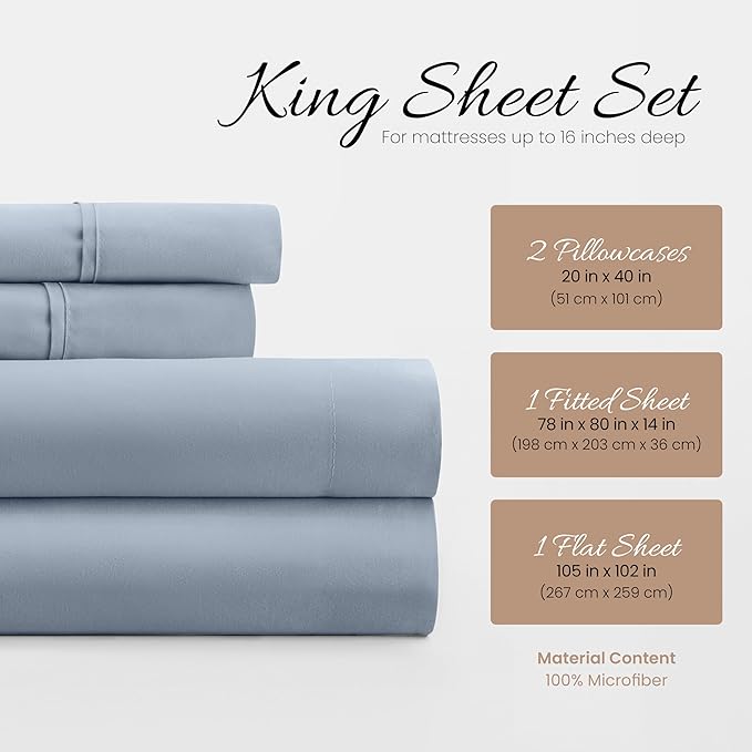 Linen Market Bed Sheets for King Size Bed (Light Blue) - Sleep Better Than Ever with These Soft and Cooling King Sheets - Deep Pocket Fits 16" Thick Beds - 4 Piece King Sheet Set - LeafyLoom