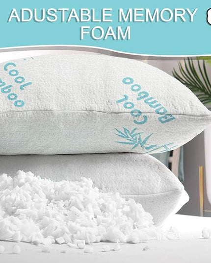 Cooling Rayon of Bamboo Pillows King Size for Sleeping, +1 Extra Washable Zippered Breathable Cover Soft Shredded Adjustable Memory Foam, Relieves Neck Pain Snoring for Back/Stomach/Side Sleeper - LeafyLoom