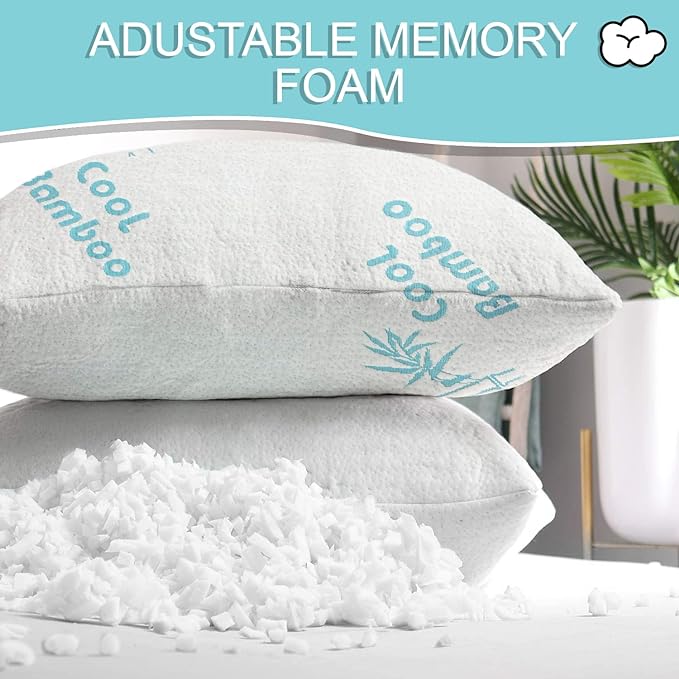 Cool Rayon of Bamboo Pillows 2 Pack King Size (20"x36") for Sleeping, Soft Shredded Adjustable Memory Foam Washable Zippered Breathable Cover, Relieves Neck Pain Asthma for Back/Stomach/Side Sleeper - LeafyLoom