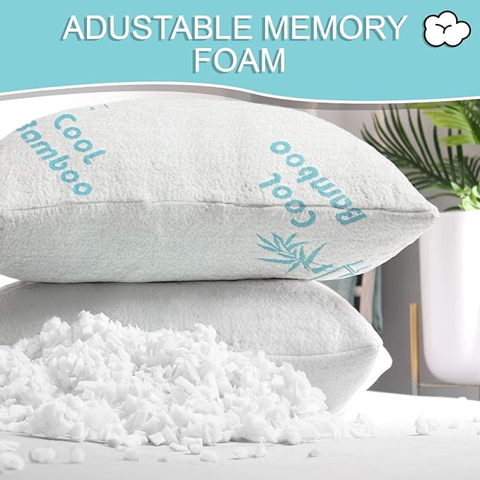 Cool Rayon of Bamboo Pillows 2 Pack Queen Size (20"x30") for Sleeping, Soft Shredded Adjustable Memory Foam Washable Zippered Breathable Cover, Relieves Neck Pain Asthma for Back/Stomach/Side Sleeper - LeafyLoom