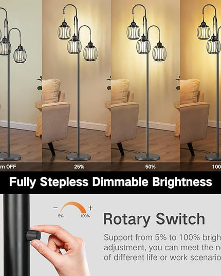 OUTON Dimmable Industrial Floor Lamps for Living Room, Standing Tall Lamps with 3 Arc Hanging Iron Wire Cage Heads & 3 LED Edison Bulbs, Rustic Tree Floor Lights for Farmhouse, Bedroom, Office, Black - LeafyLoom