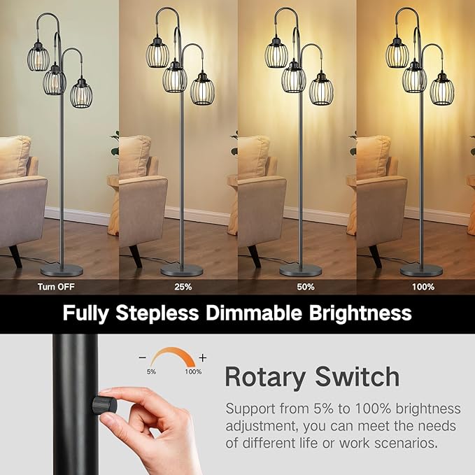 OUTON Dimmable Industrial Floor Lamps for Living Room, Standing Tall Lamps with 3 Arc Hanging Iron Wire Cage Heads & 3 LED Edison Bulbs, Rustic Tree Floor Lights for Farmhouse, Bedroom, Office, Black - LeafyLoom