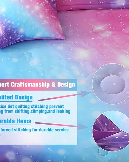 JQinHome Glitter Bedding Set Twin Size,6 Piece Bed in A Bag 3D Colorful Rainbow Galaxy Comforter Set for Girls Kids-All Season Microfiber Tie-Dye Bedding Sets(Blue Purple) - LeafyLoom
