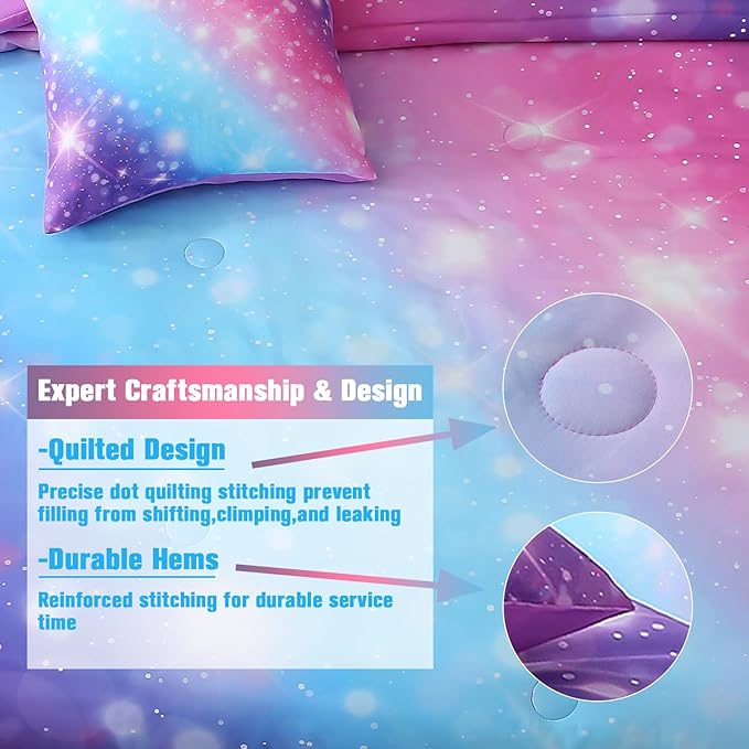 JQinHome Glitter Bedding Set Queen Size,6 Piece Bed in A Bag 3D Colorful Rainbow Galaxy Comforter Set for Girls Kids-All Season Microfiber Tie-Dye Bedding Sets (Blue Purple) - LeafyLoom