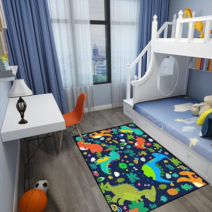Dinosaur Rugs for Boys Bedroom Cute Dinosaur Area Rug and Leaves Print Dinosaur Rug Kids Rug Play Rug Dinosaur Carpets Cartoon Rug for Playroom Classroom,Blue 4'5''×6' - LeafyLoom
