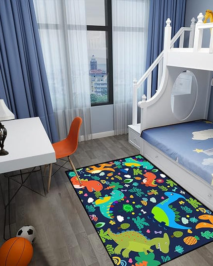 Dinosaur Rugs for Boys Bedroom Cute Dinosaur Area Rug and Leaves Print Dinosaur Rug Kids Rug Play Rug Dinosaur Carpets Cartoon Rug for Playroom Classroom,Blue 4'×5' - LeafyLoom