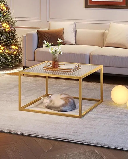 SAYGOER Modern Glass Coffee Table Small Squre Coffee Tables for Large or Small Space Unique Art Center Table for Living Room Home Office with Gold Metal Frame, Easy Assembly - LeafyLoom