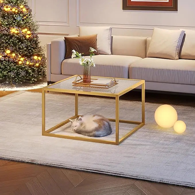 SAYGOER Modern Glass Coffee Table Small Squre Coffee Tables for Large or Small Space Unique Art Center Table for Living Room Home Office with Gold Metal Frame, Easy Assembly - LeafyLoom