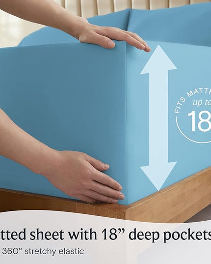 LuxClub 7 PC Split King Sheet Set, Breathable Luxury Bed Sheets, Deep Pockets 18" Eco Friendly Wrinkle Free Cooling Sheets Machine Washable Hotel Bedding Silky Soft - Light Blue Split King - LeafyLoom