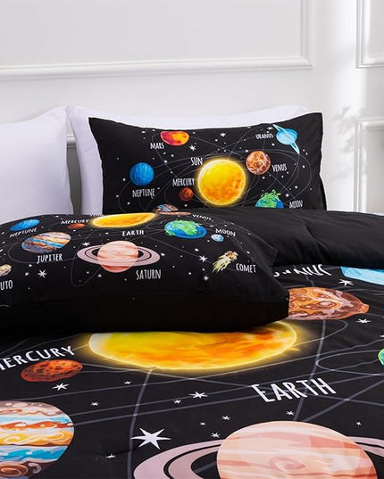 Aimuan Space Comforter Twin Set Kids Rocket Bedding Set Super Soft & Cute Aliens UFO Printed for Boys Girls Teen (Black 1, Twin) - LeafyLoom