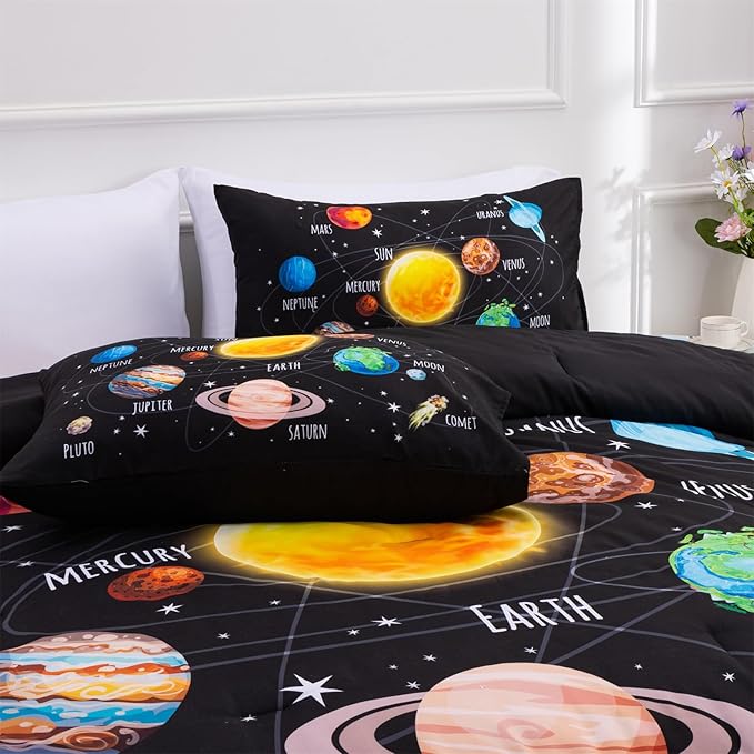 Aimuan Space Comforter Twin Set Kids Rocket Bedding Set Super Soft & Cute Aliens UFO Printed for Boys Girls Teen (Black 1, Twin) - LeafyLoom