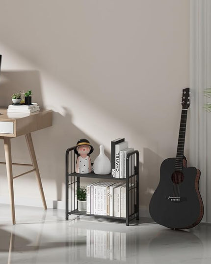 Bookshelf Storage Shelf Bookcase Freestanding Storage Stand Book Organizer for Living Room, Bedroom, Kitchen, Rust Resistance,Easy Assembly Multi-Functional Organizer (2 Tiers Black) - LeafyLoom