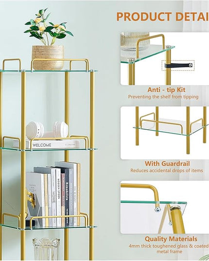 5-Tier Bookcase, Tempered Glass Bookshelves, Narrow Bookshelf for Small Spaces, Storage Rack Display Shelf Slim Shelving Unit for Living Room, Bedroom, Bathroom, Entryway, Office, Golden - LeafyLoom
