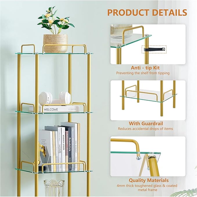 5-Tier Bookcase, Tempered Glass Bookshelves, Narrow Bookshelf for Small Spaces, Storage Rack Display Shelf Slim Shelving Unit for Living Room, Bedroom, Bathroom, Entryway, Office, Golden - LeafyLoom